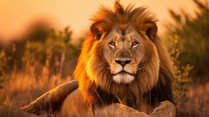 Lion in jungle grassland, golden fur illuminated by the setting sun photography