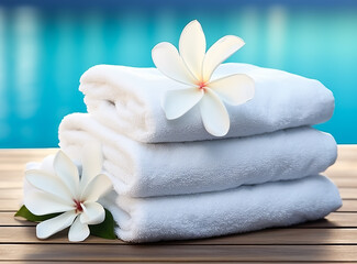 Fototapeta na wymiar A clean soft Spa Towels with flowers on it, message elements, bathroom