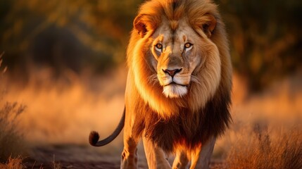 Lion in jungle grassland, golden fur illuminated by the setting sun photography - obrazy, fototapety, plakaty