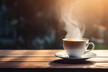 Foto op Plexiglas Coffee cup natural background, filled with rich, aromatic coffee with gentle wisp of steam rising from its surface © SaroStock