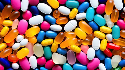 Fototapeta na wymiar Medicine background with multi-color capsules and tablets, creating dynamic pattern symbolizes the diversity of pharmaceuticals and medication