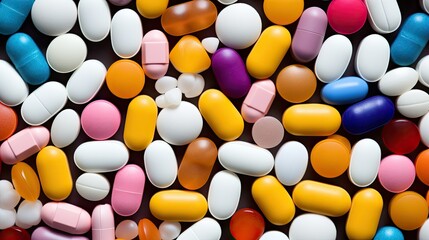 Medicine background with multi-color capsules and tablets, creating dynamic pattern symbolizes the diversity of pharmaceuticals and medication