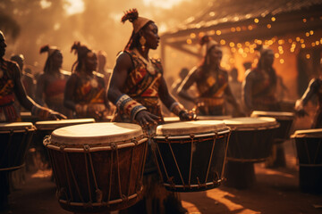 The rhythmic beats of traditional drums echoing through a village, encapsulating the heartbeat of African musical heritage. Concept of cultural cadence. Generative Ai. - obrazy, fototapety, plakaty