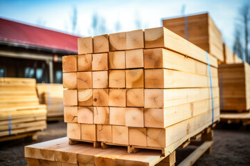 A stack of wooden boards, lumber, industrial wood, timber. Pine wood timber