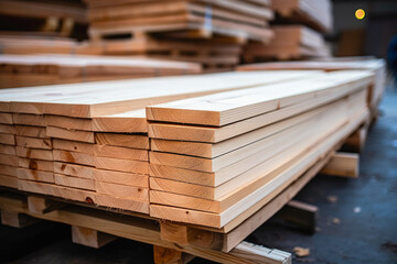 A stack of wooden boards, lumber, industrial wood, timber. Pine wood timber