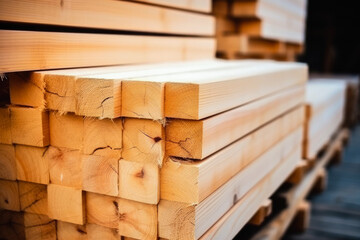 A stack of wooden boards, lumber, industrial wood, timber. Pine wood timber - obrazy, fototapety, plakaty