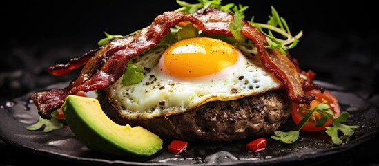 Avocado breakfast burger with bacon, egg, tomato in a keto paleo diet.
