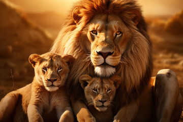A family of lions basking in the golden sunlight, portraying the regal grace and power of African...