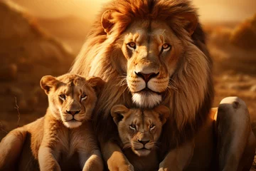 Türaufkleber A family of lions basking in the golden sunlight, portraying the regal grace and power of African wildlife. Concept of feline majesty. Generative Ai. © Sebastian