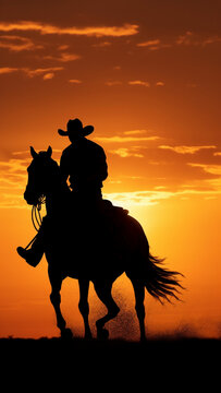 Silhouette of a cowboy riding a horse in a beautiful sunset.6