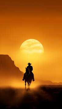 Silhouette of a cowboy riding a horse in a beautiful sunset.5
