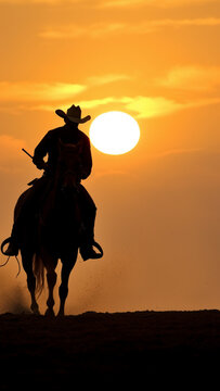 Silhouette of a cowboy riding a horse in a beautiful sunset.1