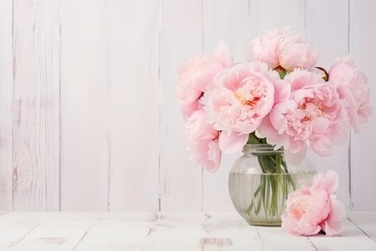 Flowers in a vase peonies and roses soft pastel color on wooden background. Beautiful composition. Valentine's Day, Easter, Birthday, Happy Women's Day, Mother's Day. View copy space