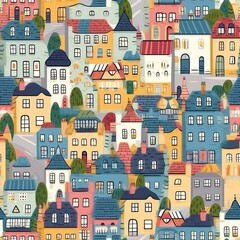 Obraz premium Enchanting Village Pathways: Whimsical Cobblestone and Colorful Houses Seamless Pattern