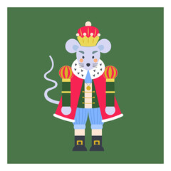 Mouse King from Nutcracker fairy tale. Wooden figurine of toy in crown and red mantle. Vector illustration in cartoon style.
