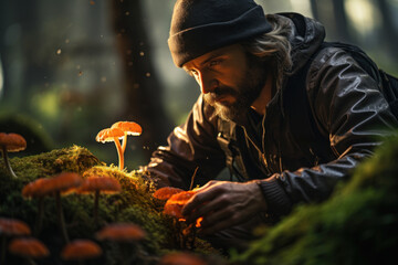 A mushroom forager searching for edible fungi in a lush forest. Concept of wild food gathering and...
