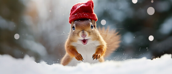 A funny, cute squirrel with Santa's hat on standing in the snow, day time in the winter woods.
