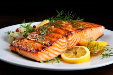Mouthwatering grilled salmon fillet garnished with lemon and dill.