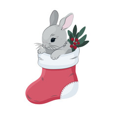 Mały szary królik w świątecznej skarpecie. Ilustracja wektorowa z motywem Bożego Narodzenia. - obrazy, fototapety, plakaty