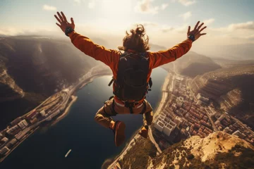 Fotobehang A daring tough guy BASE jumping from a cliff, embracing extreme sports. Concept of adrenaline junkies. Generative Ai. © Sebastian