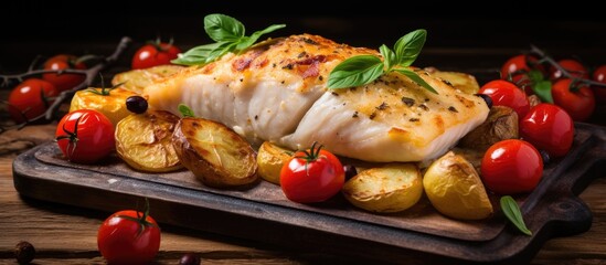 Baked cod with potatoes and cherry tomatoes on a wooden table.