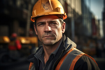 A tough guy with a stern expression, overseeing a construction site. Concept of construction management. Generative Ai.