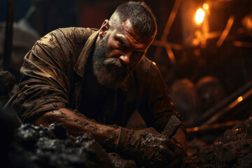 A stoic tough guy with a shovel, digging a trench in challenging conditions. Concept of labor and determination. Generative Ai.