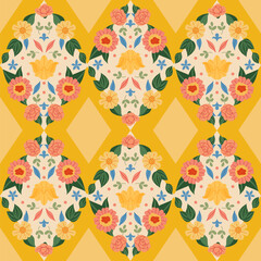 Garden flowers medallion vector seamless pattern. Vintage French Shabby Chic Bloom Cottage core aesthetic floral print for fabric, scrapbook, wrapping, card, cover