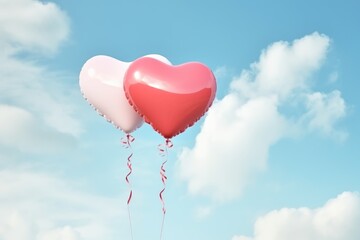 Fototapeta premium Two helium balloons in the shape of a heart are flying in the blue sky and among the white clouds. Poster and banner Valentine's Day