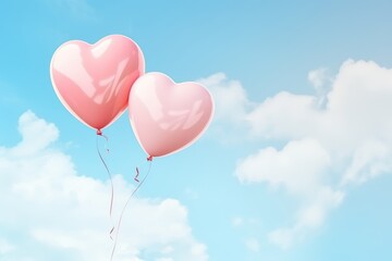 Two helium balloons in the shape of a heart are flying in the blue sky and among the white clouds. Poster and banner Valentine's Day