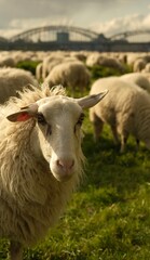 Close up portrait of a sheep.Sheep graze in a clearing with a background of the Cologne bridge. High quality photo
