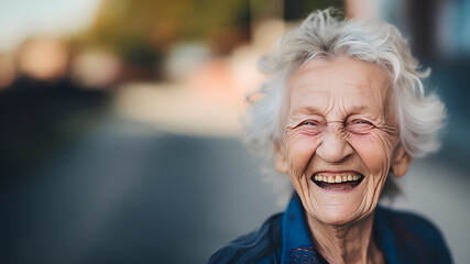 A vibrant elderly woman sporting a genuine smile that creates wrinkles around her closed eyes, laughs joyfully on a street corner - obrazy, fototapety, plakaty
