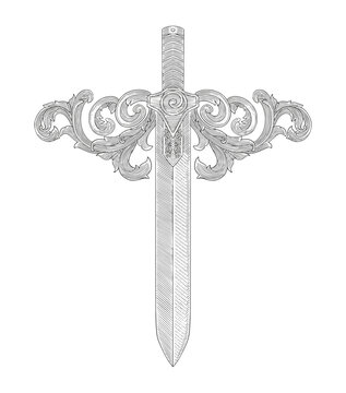 antique sword with ornament, vintage engraving drawing style illustration