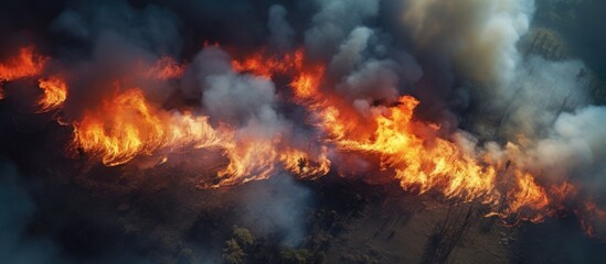 Aerial top view of a forest fire, burning grass with smoke and fire.