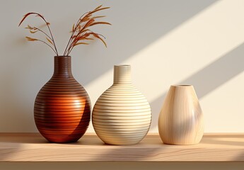 Tranquil Still Life of Three Vases on Wooden Table