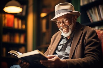 Joyful Elderly Man Reading a Book in a Cozy Library
