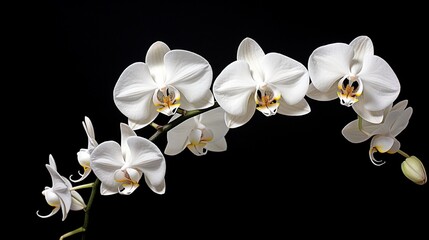 A pristine white orchid with a black backdrop, ideal for elegant text overlay.