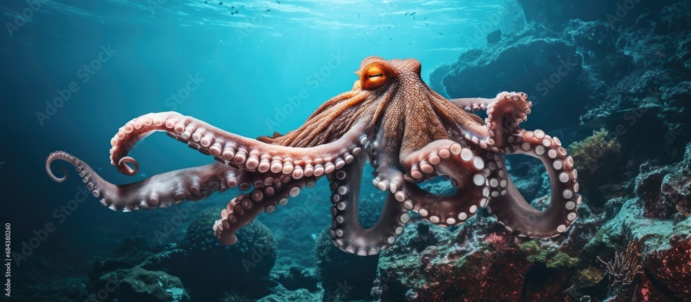 Wall mural close-up of a spectacular octopus with outstretched tentacles near a rocky underwater cliff. - Wall murals