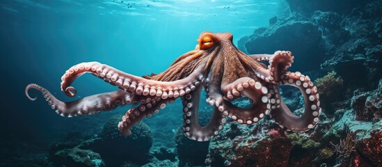 Close-up of a spectacular octopus with outstretched tentacles near a rocky underwater cliff.