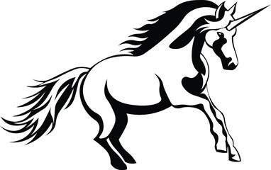 Cartoon Black and White Isolated Illustration Vector Of A Unicorn with Horn
