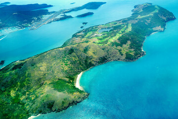 Aerial view of the Whitsunday Islands, in the Great Barrier Reef, the world's largest coral reef ...