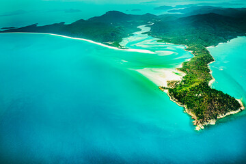 Aerial view of part of the Hill Inlet in Whitsunday Island near Great Barrier Reef, The reef is located in the Coral Sea, off the coast of Queensland, Australia. Dec 2019 - obrazy, fototapety, plakaty