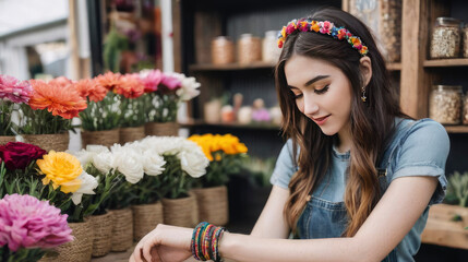 Pretty GenX Woman Brown Hair Jean Overalls Colorful Friendship Bracelets Flowers in Hair Flower Shop