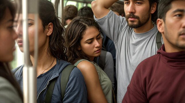 Discomfort from smell of sweat, people cramped in bus or subway, city life