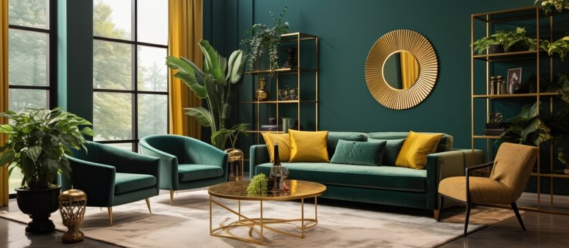 Contemporary gold and green interior design for living room.