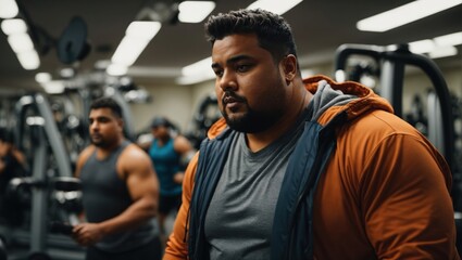 Shot showing heavyset person in the gym, wearing sports clothing, with exercise equipment in the background. Willing to train hard. - obrazy, fototapety, plakaty