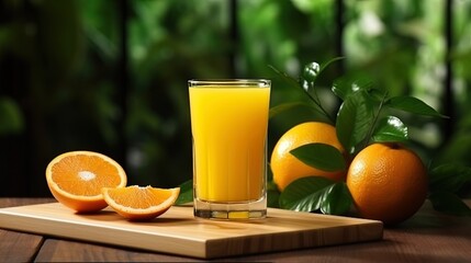 A glass of freshly squeezed orange juice on a wooden board