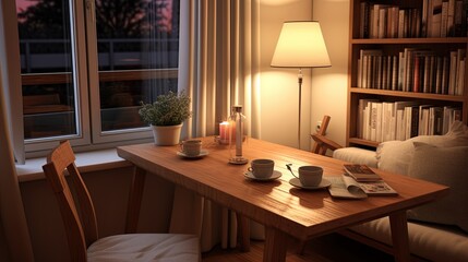 Dining room with a reading area: a dining table with a cozy chair for reading and rest