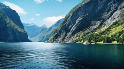 Fjord in Norway: a narrow fjord, surrounded by high cliffs and green meadows