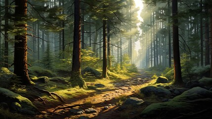 Forest landscape: a dense forest with a game of light and a shadow penetrating through the trees